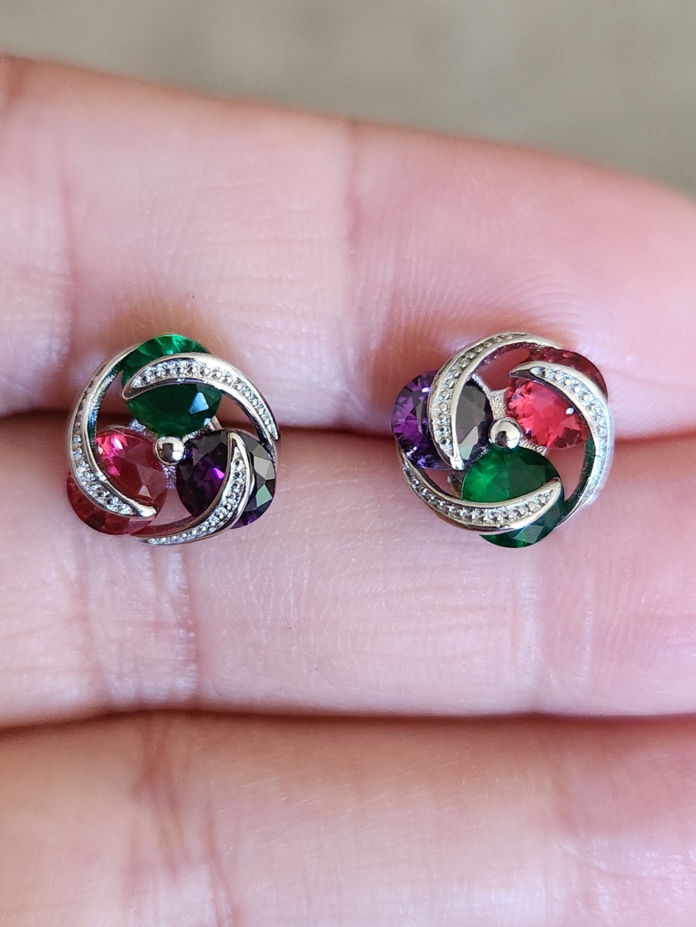 New 925 Silver Emerald Ruby Amethyst Flower Stud Earrings for Women